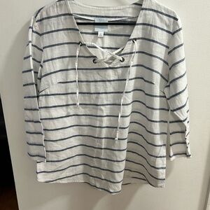 Sunday Stripes Lace Up V Neck 3/4 Sleeve Casual Top Women Size Medium